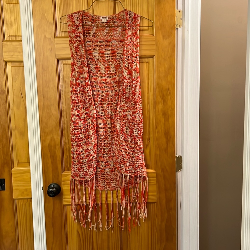 Dark Orange, Tan/Off White, Vest With Fringe